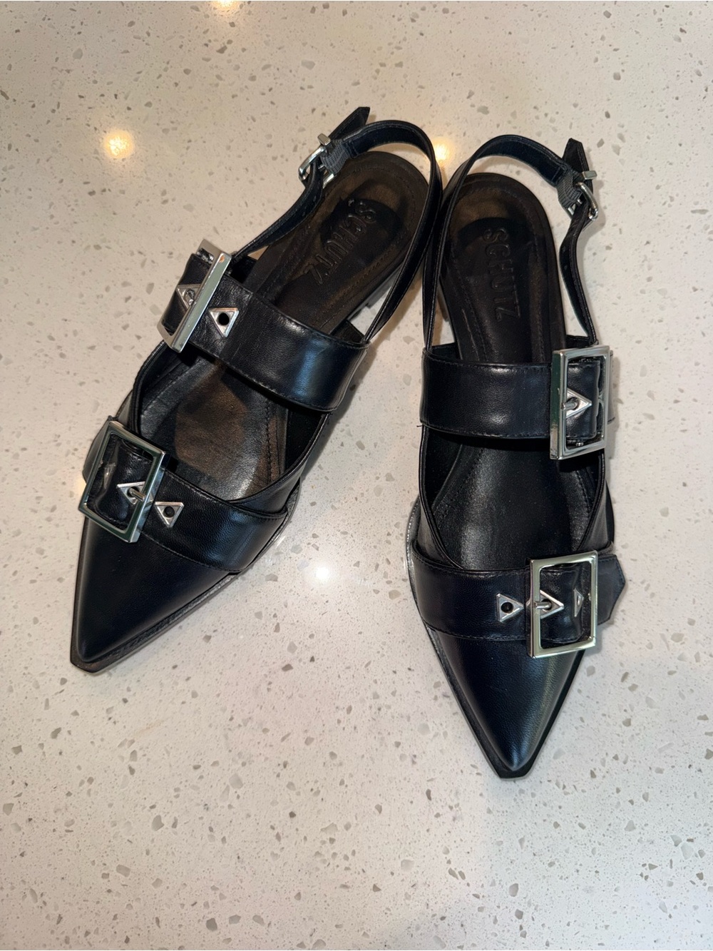SCHUTZ Black Pointed Double-Buckle Slingback Flats
